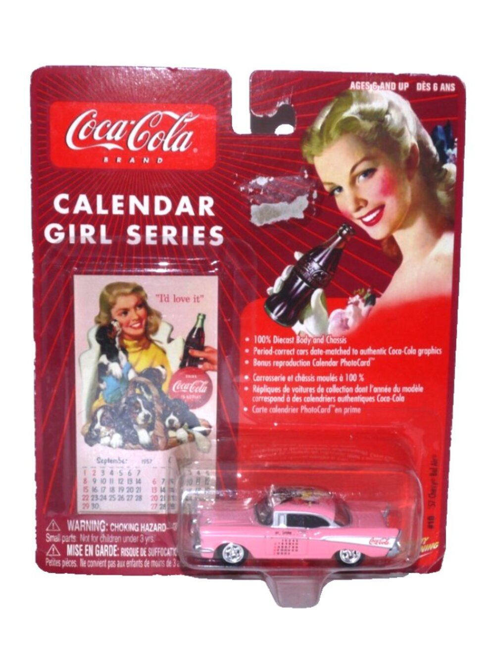 Johnny Lightning Coca Cola Calendar Girl pink 1957 Chevy  Bel Air New, pkg dmg